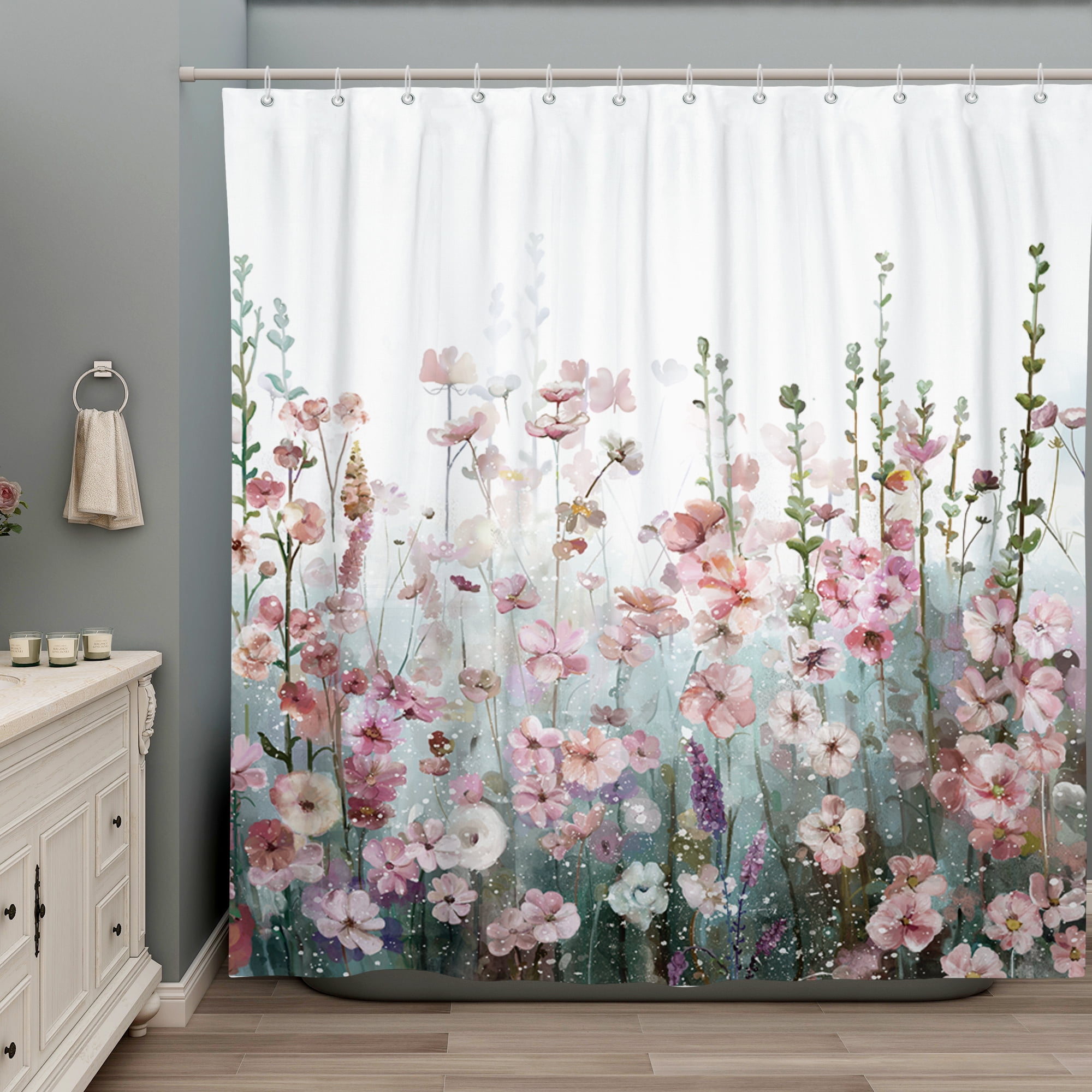 Pink Floral Shower Curtain and Window Curtain Waterproof Fabric Colorful Chic Pink Rose Flower Bathroom Polyester Shower Curtain with 12 Holes for Bathtub Showers,72x72 inches