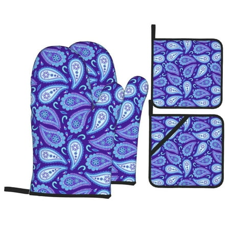 

Oven Mitts and Pot Holders Sets 4 pcs - Purple Blue Paisley Heat Resistant Silicone Oven Gloves with Non-Slip Silicone Surface and hot pads for kitchen Baking Cooking BBQ
