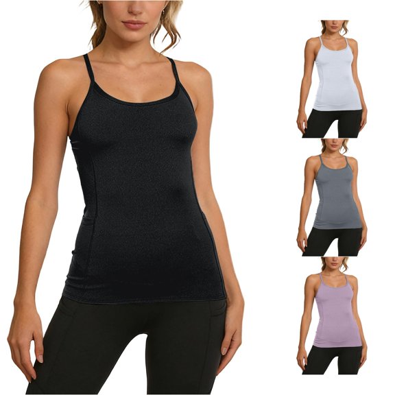 HAYIMI Women Seamless Workout Tank Tops Spaghetti Strap With Built In Bra And Side Pockets For Yoga Running Fitness Dance Summer Round Neck Solid Color Sleeveless Relaxed Fit Camisole