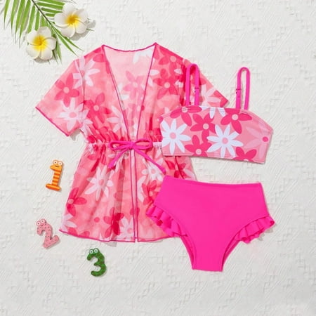 Gamivast Girls Swimsuits Tropical Print 3 Piece Swimwear Bikini Set and Cover Up Cardigan Bathing Suits Vacation Swimwear Bathing Suit Pink 2T Trajes De Baño Para Niños Y Niñas My Orders