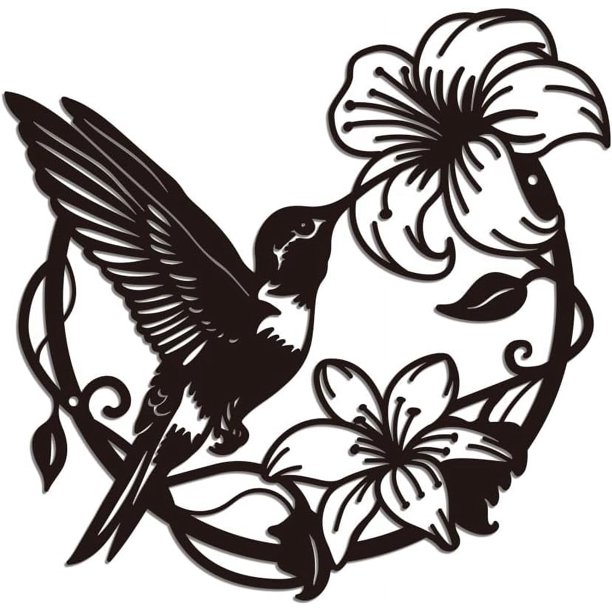 Escultura de metal con silueta de colibrí sobre pared de flores, diseño de colibrí negro, para decoración de pared, con temática de animales y flores, para sala de estar, jardín, dormitorio, 29,2 x
