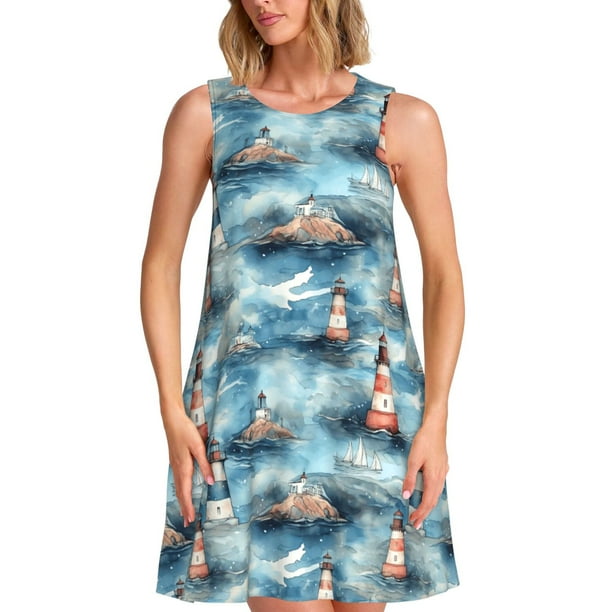 Fotbe Sea Marine And Lighthouse Vestido de Verano sin Mangas para Mujer – Vestido Midi Línea A, Estilo Camiseta Floral, Vestido Playero Casual y Fluido