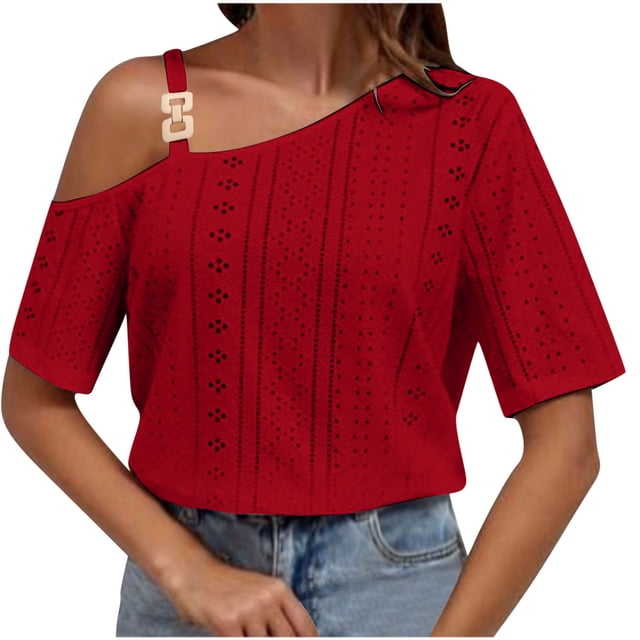 Économies d'Été KIHOUT Hauts d'Été pour Femmes, Blouse Mode Décontractée pour Femmes à Col Court Uni, Blouse à Col Asymétrique (Rouge G)