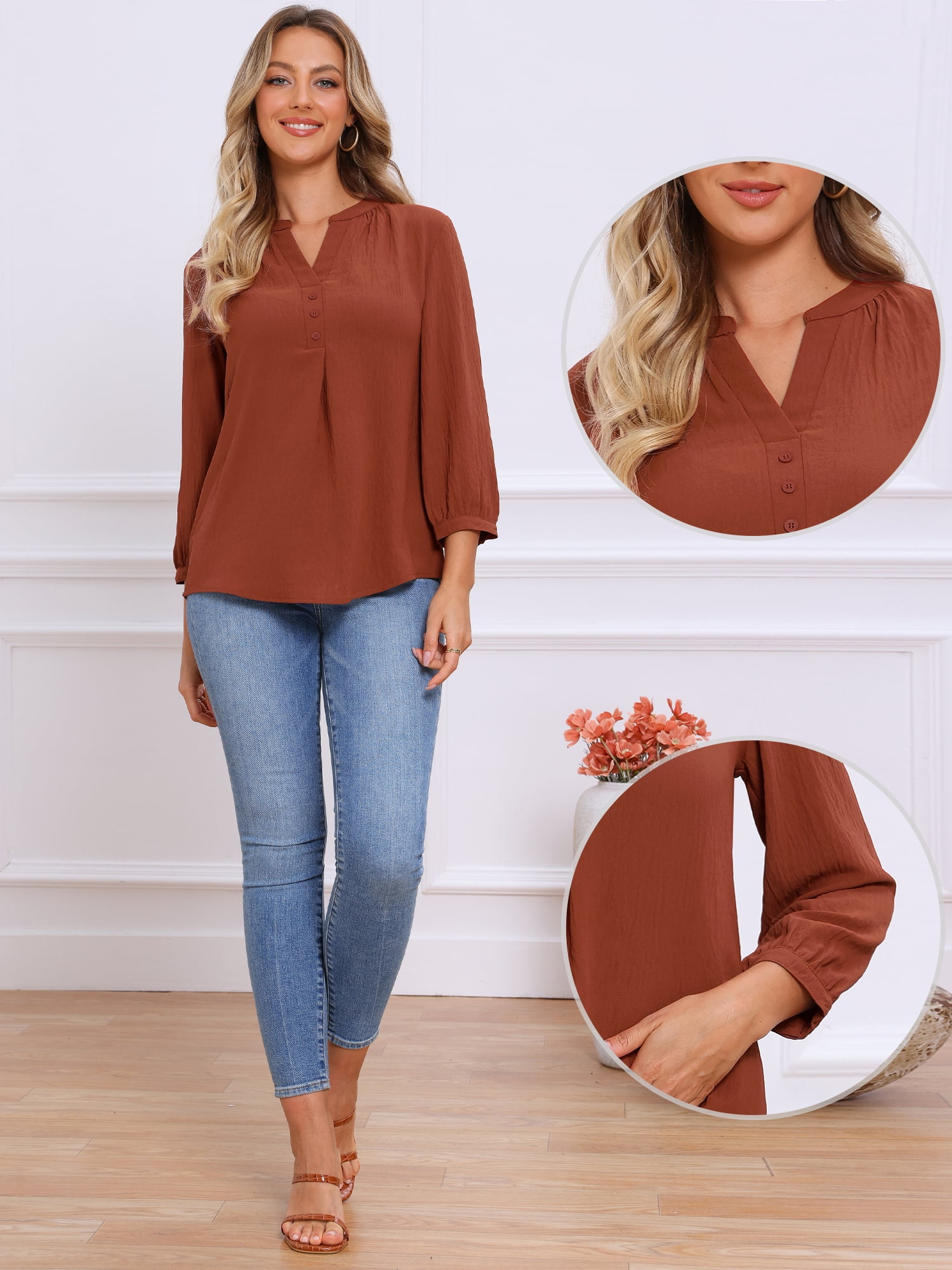 DARING DIVA Women's Stylish 3/4 Sleeve Elbow Sleeve Blouse XS Brick Red