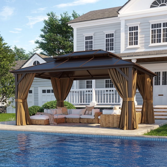 Clouddwell Pavillon à Toit Rigide 12 Pieds X 16 Pieds - Toit Double en Polycarbonate avec Moustiquaire et Rideaux pour Patio, Jardin, Protection Solaire, Brun