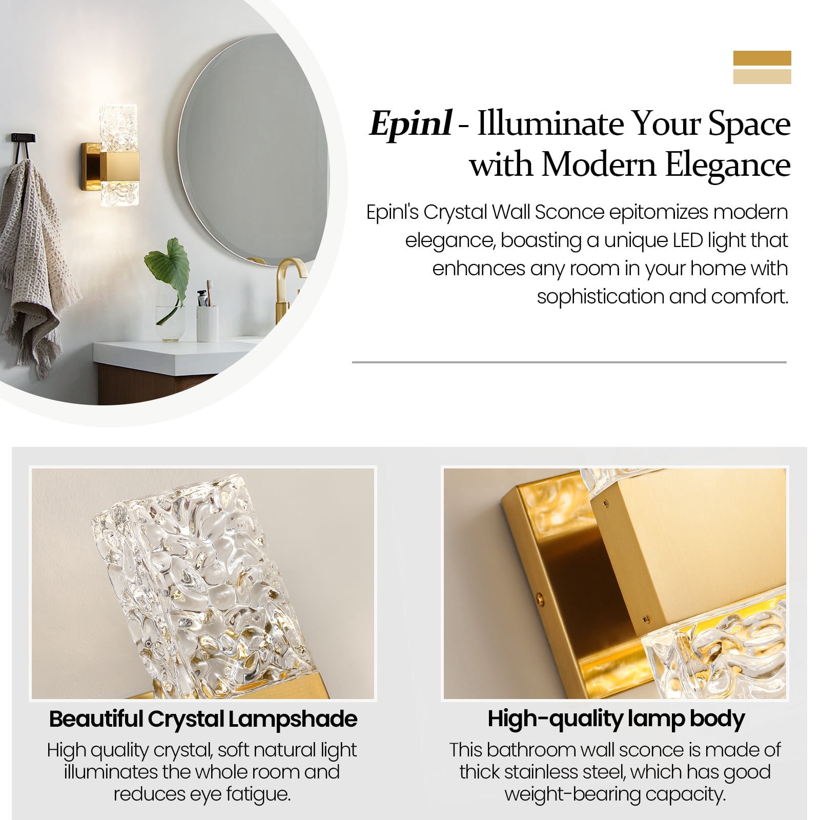KAISITE Modern 4000K LED  Vanity Lights Brushed Gold  10W  Rectangle Carved Crystal Wall Light, for Bathroom Bedroom Living Room