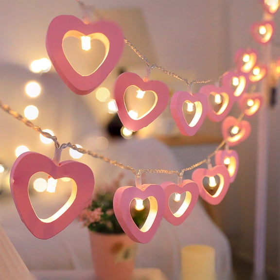 20 Feet LED Heart String Lights With Wooden Accents,Battery Operated Romantic Decor For Valentines Day,Warm White Fairy Lights For Bedroom And Party Atmosphere(Pink)