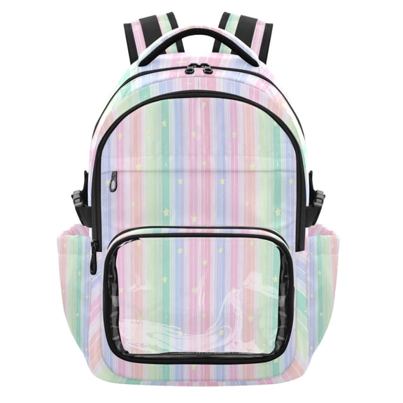 Qxltty Rainbow Stripes Backpack School Bookbag with Clear PVC Front Pocket, Laptop Compartment, Water Resistant Travel Daypack for Students