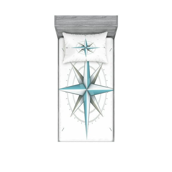Ambesonne Compass Fitted Sheet & Pillow Sham Set, Antique Wind Rose, Twin, Teal and Dimgray