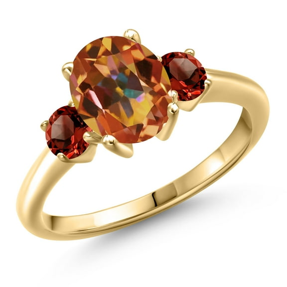 Gem Stone King 10K Yellow Gold Ecstasy Mystic Topaz and Red Garnet Engagement Ring for Women | 2.74 Cttw | Oval 9X7MM | Gemstone November Birthstone | Size 5