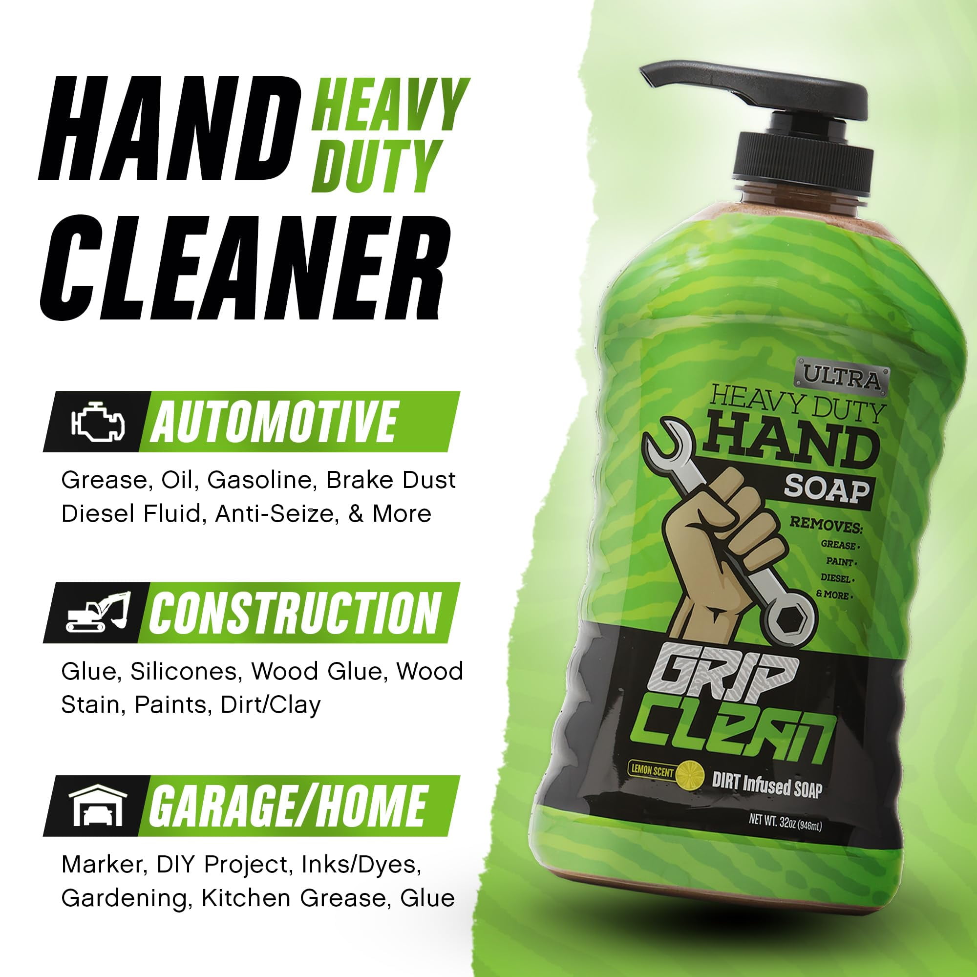 Grip Clean Ultra Heavy Duty Mechanic Hand Cleaner - Clay & Walnut Shell Scrub Formula - 32 Fl Oz