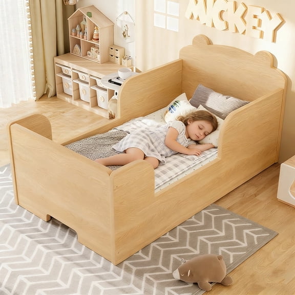 Bellemave Low Montessori 2-in-1 Beds, Wood Small Floor Bed Frame with Cute Ear Shaped Headboard for Aged 3-6 Years, No Box Spring Needed, Natural