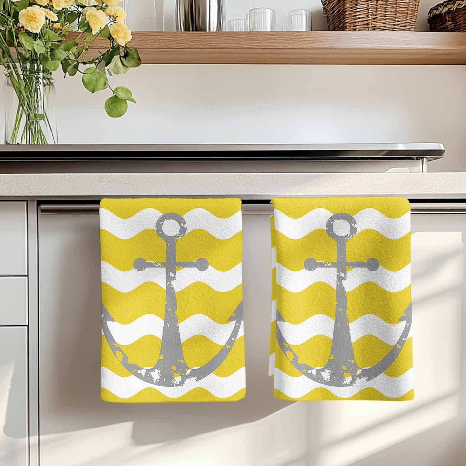 Dish Towels, Nautical Anchor Absorbent Kitchen Towels 2 PCS, Yellow and White Wave Stripes Microfiber Hand Towels Dish Cloths Tea Towels for Home&nbsp;Bathroom Cleaning Drying,18X28-Inch,