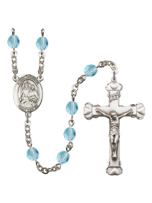 Bonyak Jewelry 18 Inch Rhodium Plated Necklace w/ 6mm Blue March Birth Month Stone Beads and Saint Raphael The Archangel Charm