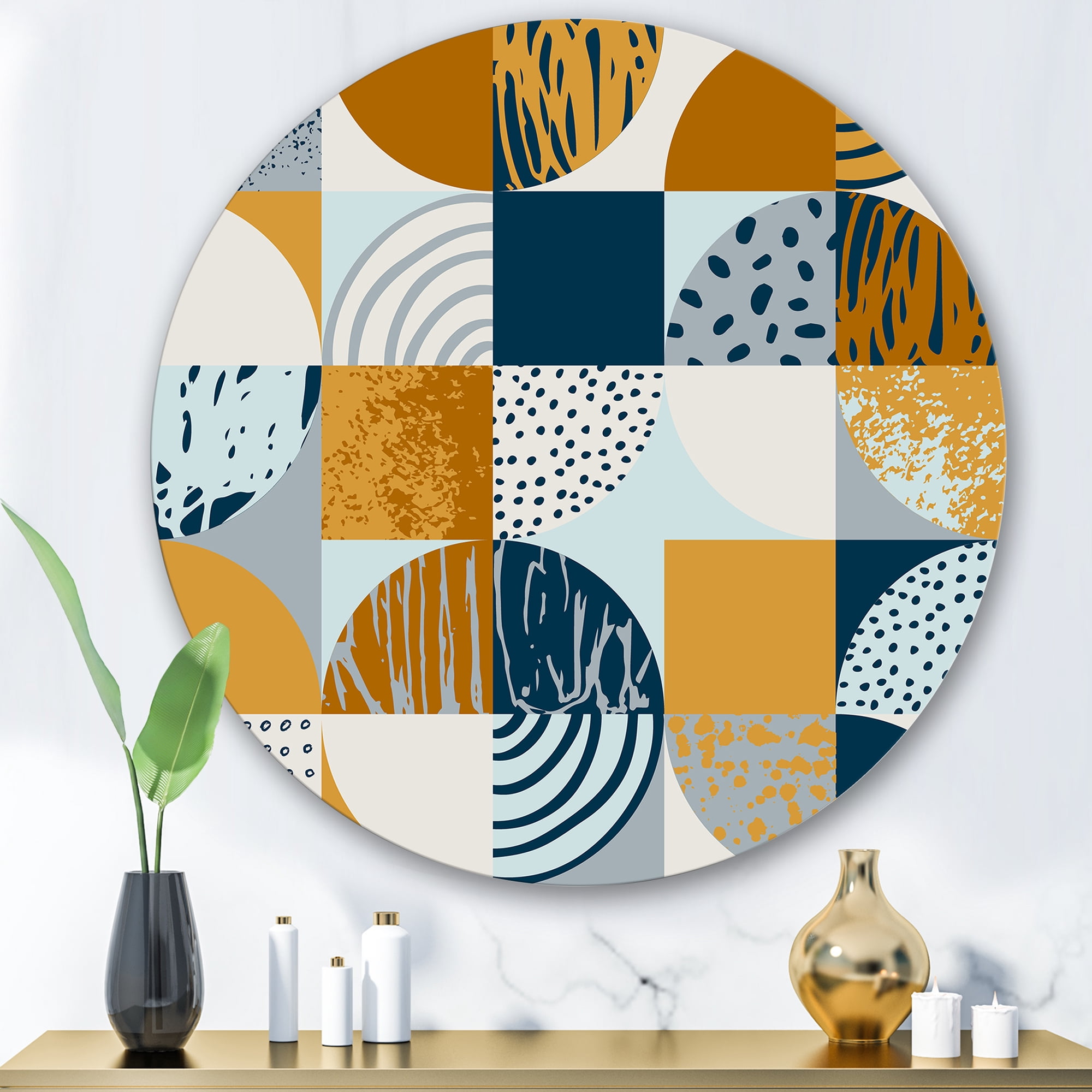 Designart 'Retro Semicircles Squares and Circles' Modern Circle Metal Wall Art 29x29 - Disc of 29