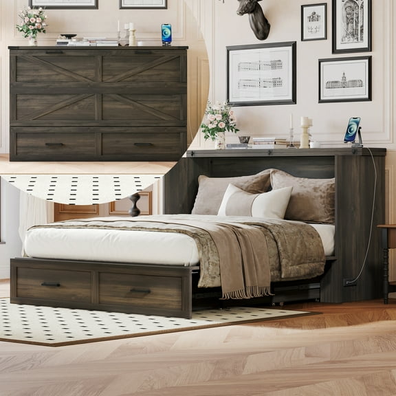 Pinovk Queen Size Farmhouse Murphy Cabinet Bed with Charging Station, Foldable Platform Bed with Large Storage Drawer for Guest-Room, Small Bedroom, Rustic Gray(Old SKU: N733S237837G)
