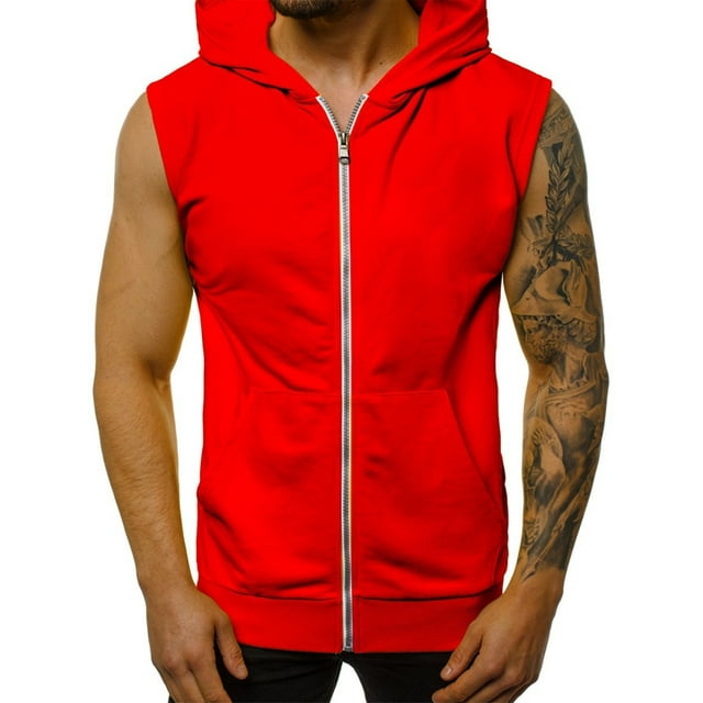 Innerwin Hoodies Sleeveless Men's T Shirt Summer Zip Up Regular Fit Hooded Tank Tops Red S