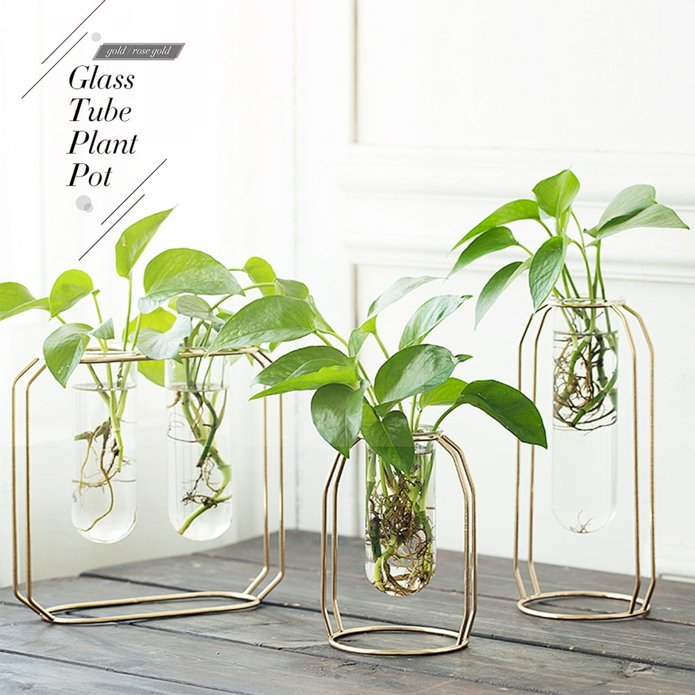 Hanging Glass Tube Vase Plant Pot Metal Stand Flower Bottle Container