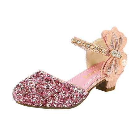 

Fimkaul Girls Sandals Low Heeled Dress Rhinestone Bows Low Heel Princess Flower Wedding Party For Little Kid Shoes Pink