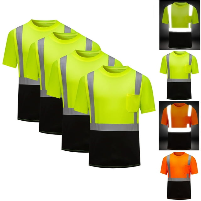 Penkiiy Camisetas de alta visibilidad 4PCS, Camisetas de seguridad para hombres y mujeres, Camiseta transpirable de manga corta reflectante con bolsillo para trabajos de construcción