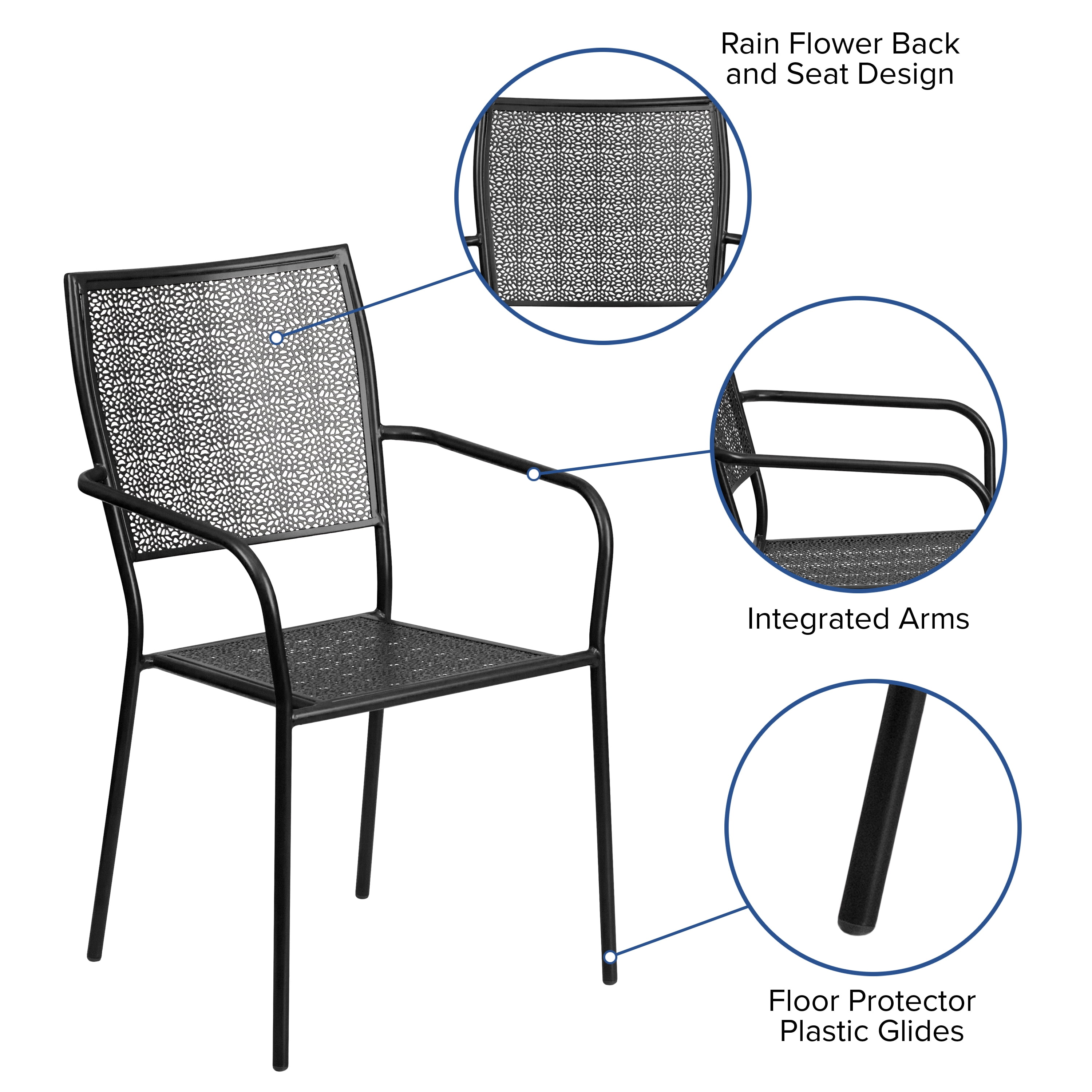 Flash Furniture Commercial Grade Black Indoor-Outdoor Steel Patio Arm Chair with Square Back