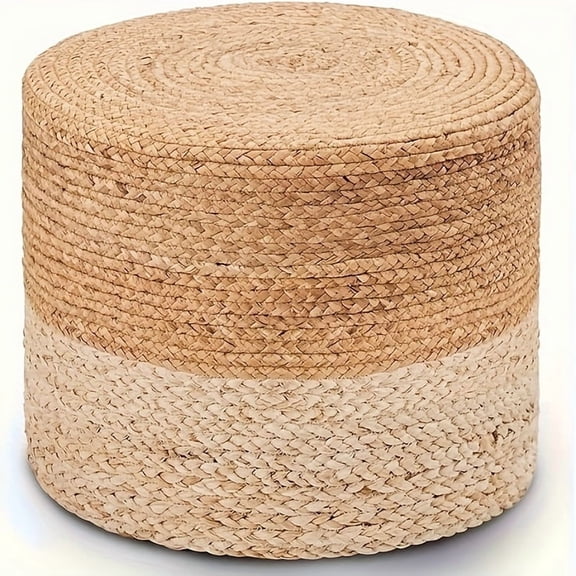 Natural Seagrass Round Hand-Woven Pouf Ottoman - Wood Frame Boho Home Decor Footstool