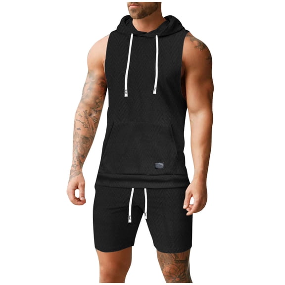 Stamzod Sweatsuits for Men 2 Piece Men's Gym Tracksuit Set Short Sleeve Hoodie Casual Athletic Shorts Suit Set(Available in Big & Tall) on Clearance Black S