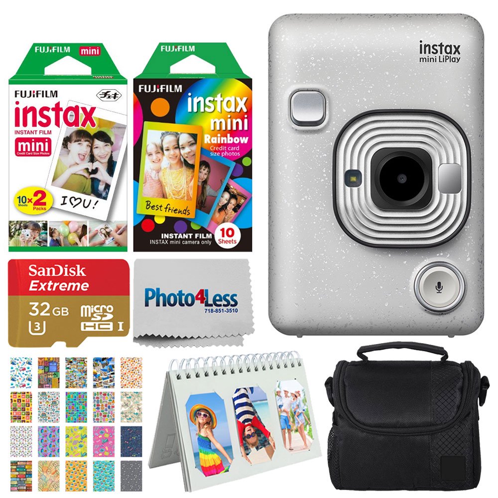 FUJIFILM INSTAX Mini LiPlay Hybrid Instant Camera (Stone White) + Top