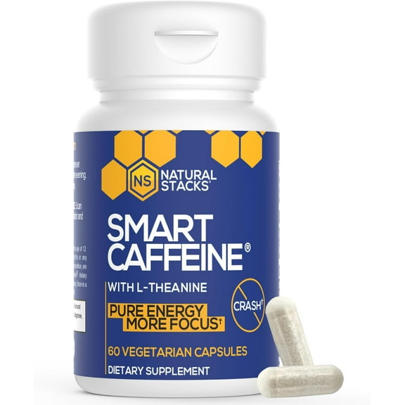 NATURAL STACKS Smart Caffeine Pills - 100mg Caffeine   200mg L-Theanine Supplement - Supports Energy and Focus - No Jitters and No Crash - 60 Capsules