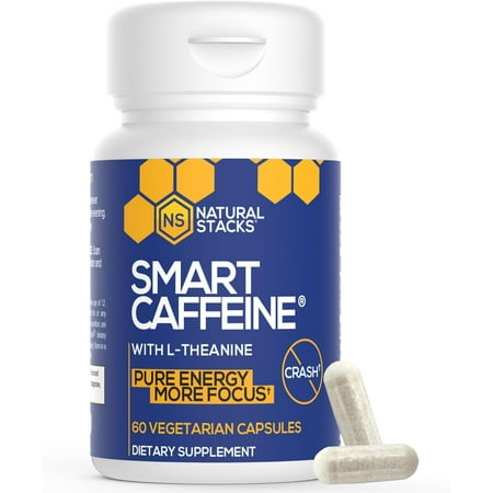 NATURAL STACKS Smart Caffeine Pills - 100mg Caffeine + 200mg L-Theanine Supplement - Supports Energy and Focus - No Jitters and No Crash - 60 Capsules