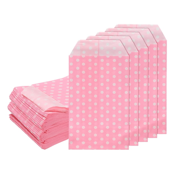 Uxcell 200Pcs Bolsas de Papel Kraft para Regalos, 6" x 3" Bolsas de Caramelo a Prueba de Grasa Bolsas Planas para Favoritos Bolsas Pequeñas de Regalo con Puntos Blancos y Rosados
