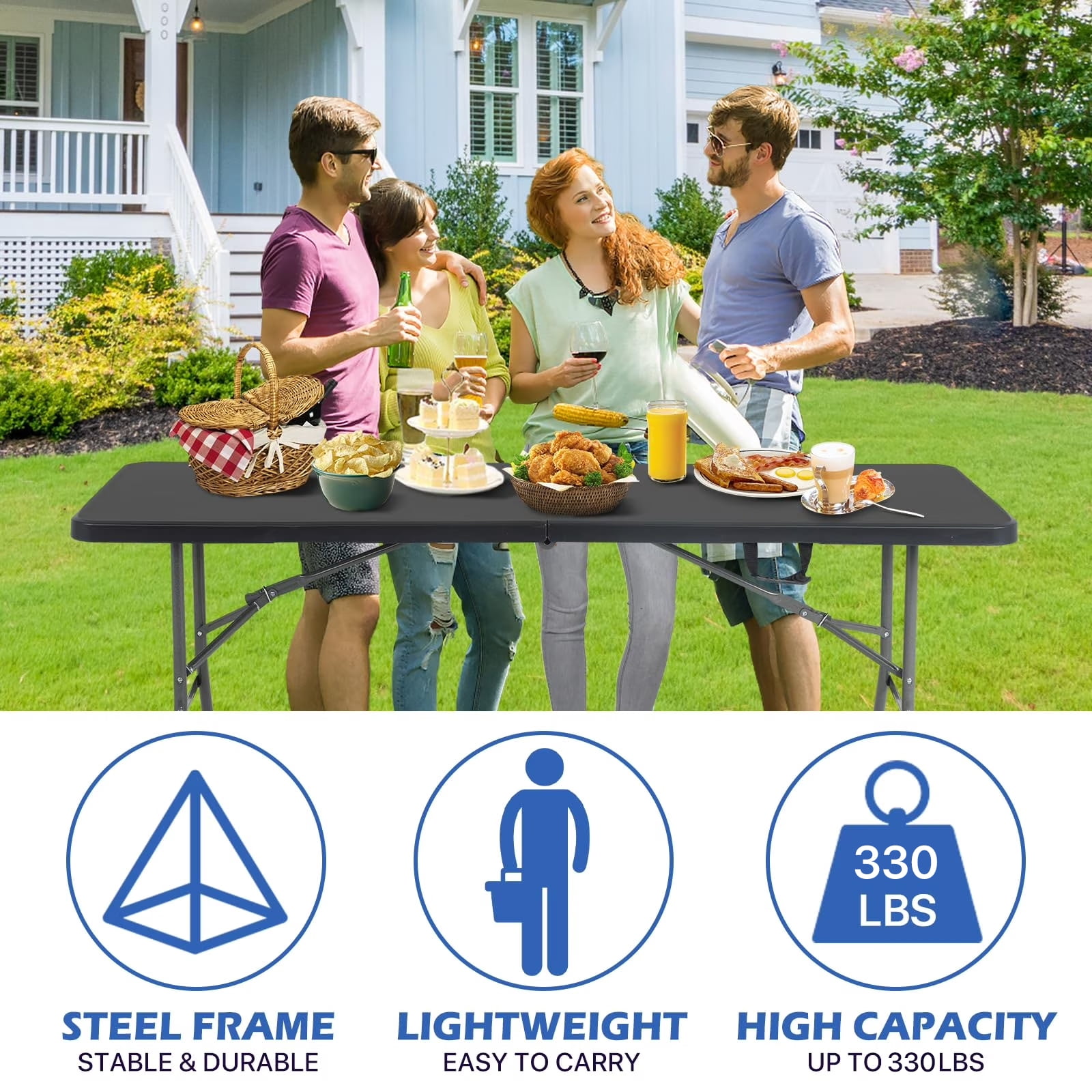6ft Folding Table Portable Picnic Table, Lightweigh Folding Plastic Table with Handle and Steel Legs Utility Table Dining Lock for Work,Picnic,Party,Camping,Black