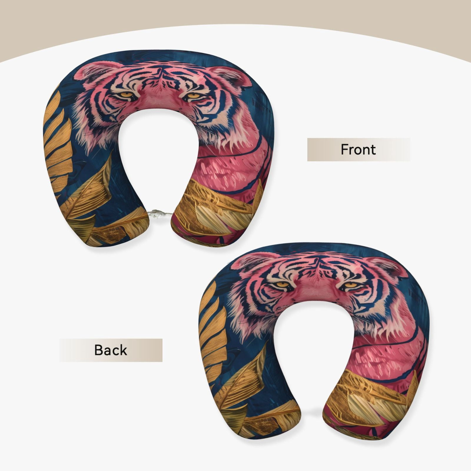 Xecao Pink Tiger Gold Leaves Print Memory Foam Cervical Neck Pillow Versatile U-Shaped Pillows for Home,Office,Camping,Travelling,Soft Washable Cover