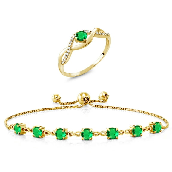 Gem Stone King 3.41 Ct Round Green Nano Emerald 18K Yellow Gold Plated Silver Ring and Bracelet Jewelry Set (Size 9)