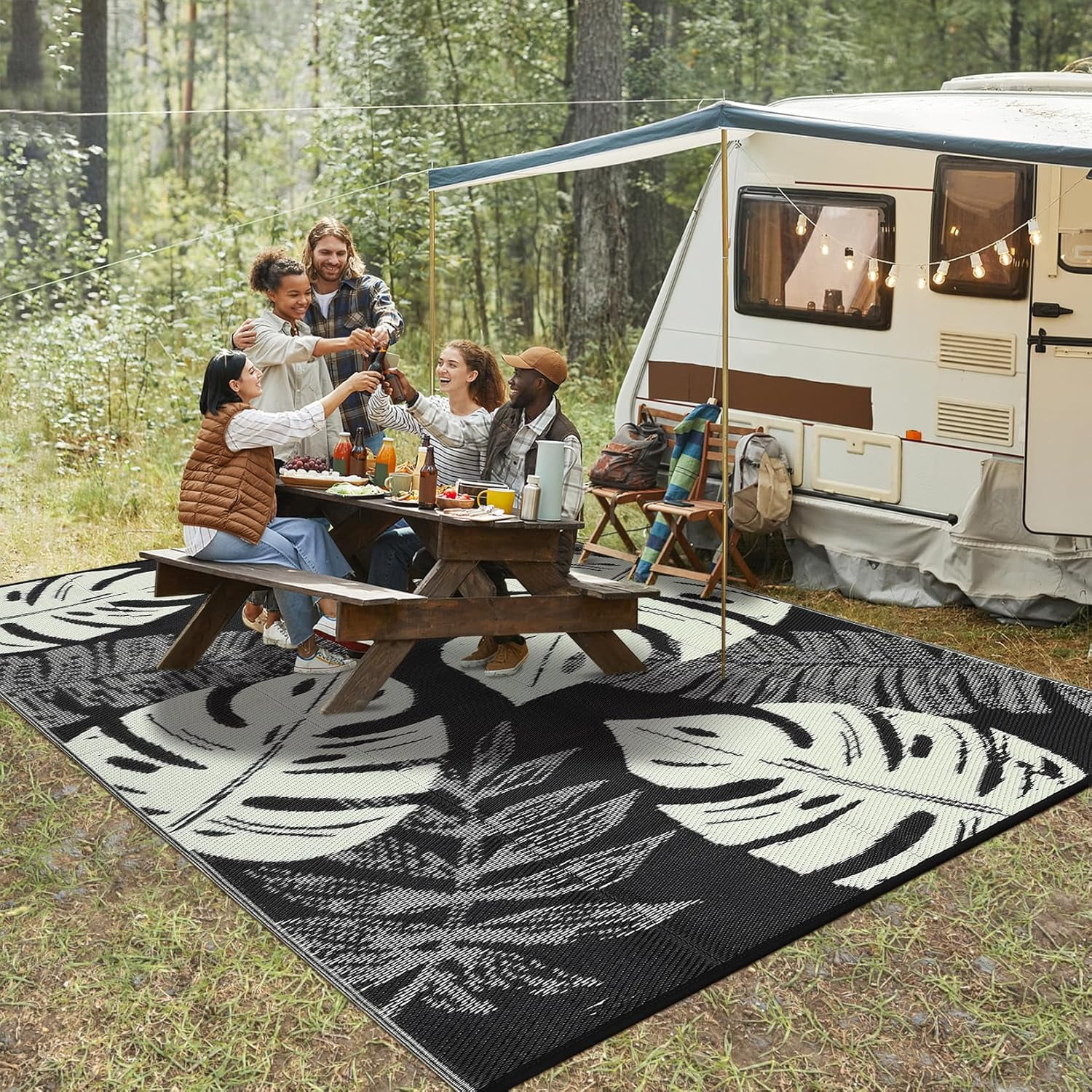 Funslane Outdoor Rug 8' x 10', Waterproof Plastic Straw Mat, Foldable & Reversible, Indoor Outdoor Rugs for Patio, Deck, RV, Beach, Picnic, Black/Beige