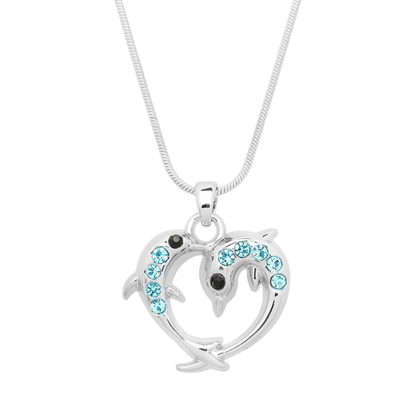 Dolphin Pendant Necklace Earring Rhinestone Crystal Rhodium Plated 17 Inch Snake Chain J0619-AQ