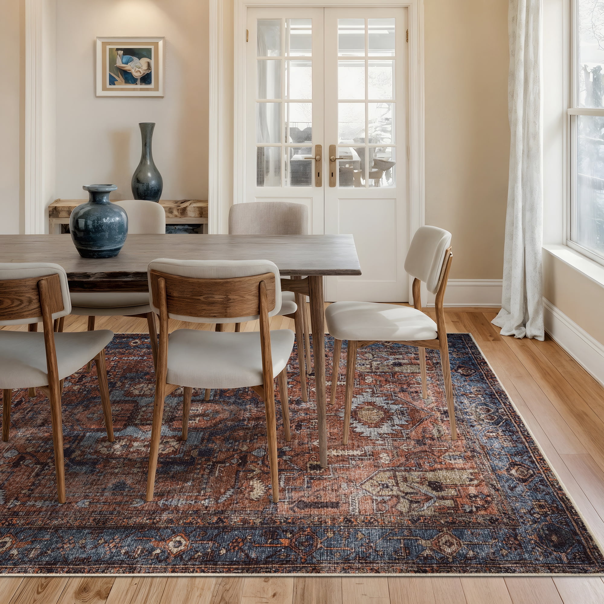 Bloom Rugs Washable Non-Slip 8' x 10' Rug - Terracotta / Blue Traditional Oriental Area Rug for Living Room, Bedroom, Dining Room, and Kitchen - Exact size: 8' x 10'