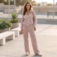 thumbnail image 4 of Szluipve 2 Piece Sets for Women 2 Piece Outfits Side Stripe Zip Up Collar Jacket & Wide Leg Pants Set Ribbed Textured Casual Tracksuit Loungewear Suit for Daily Travel Pink L, 4 of 7