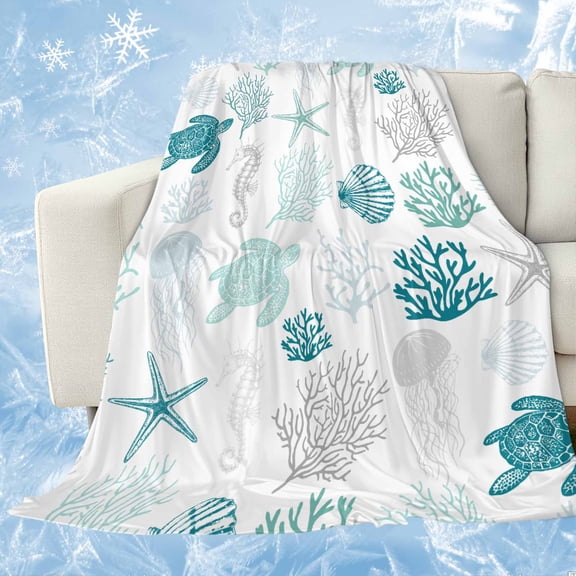Turquoise Coastal Cooling Blanket,Lightweight Breathable Summer Throw Blanket with Double Sided Cold Effect,Nautical Summer Beach Coral Sea Turtle Picnic Blankets Bed Sheet for Hot Sleepers 30"x40"