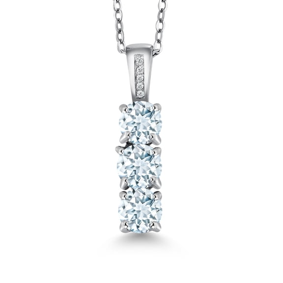 Gem Stone King 925 Sterling Silver Sky Blue Aquamarine and Diamond Women's 3-Stone Pendant Necklace 1.24 Cttw Round with 18 inch Silver Chain
