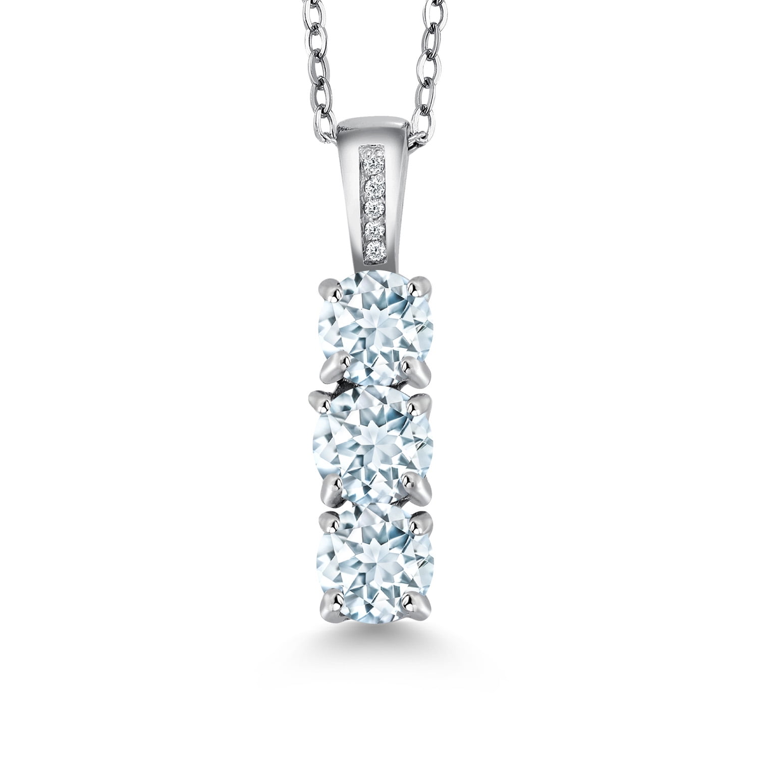 Gem Stone King 1.24 Ct Round Sky Blue Aquamarine and Diamond 925 Sterling Silver Pendant