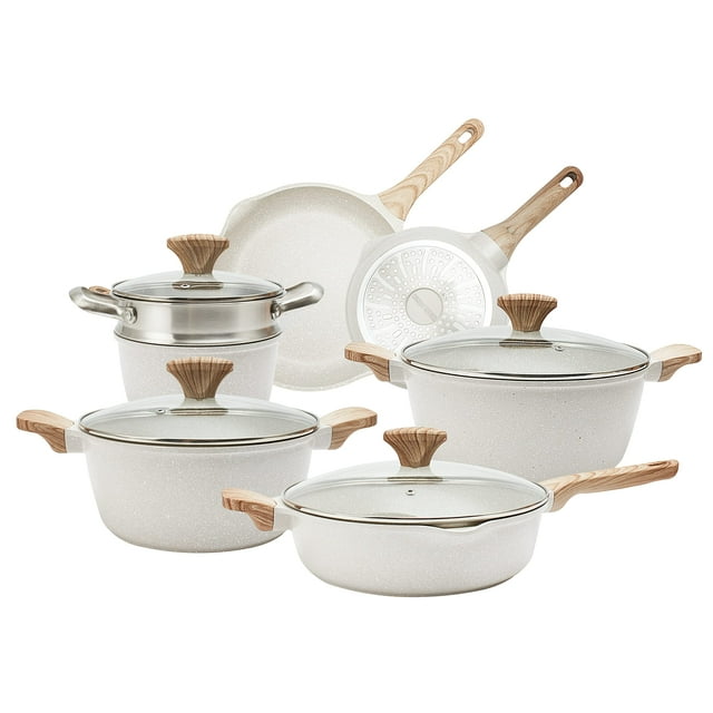 Country Kitchen - Juego de utensilios de cocina antiadherentes de inducción, 11 ollas y sartenes de aluminio fundido con asas BAKELITE y tapas de vidrio, color crema