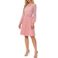 thumbnail image 4 of INSPIRE CHIC Women's Dress Crew Neck Long Sleeve Pleated Lace Belted Midi Dress XS Light Pink, 4 of 6