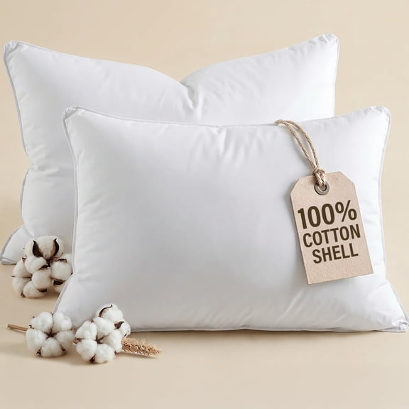 100% Cotton King Size Bed Pillows Set of 2 20" x 40" White Soft Down Alternative Low Loft Machine Washable