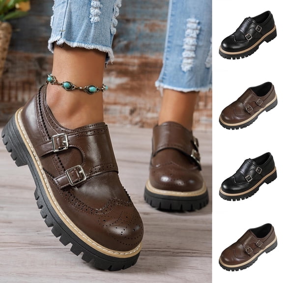 Women Round Toe Mary Jane Platform Loafers Chunky Lug Block Heel Non Slip Oxford Shoes Fall Casual Footwear Brown 9.5(43)