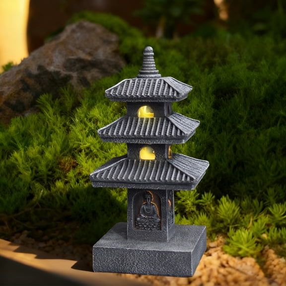 OTDECOR 1PC Solar Japanese Pagoda Statue Outdoor Decor Zen Garden Five Tier Stone Lantern Figurine with Warm LED Light for Patio Balcony Backyard Lawn Ornaments