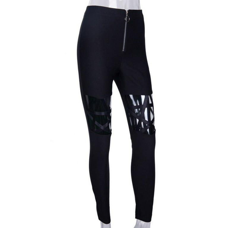 Huaai Women Punk Gothic High Waist Leggings Hollow Out Five-Pointed Star  Zipper Pants Plus Size Pants For Women Black L
