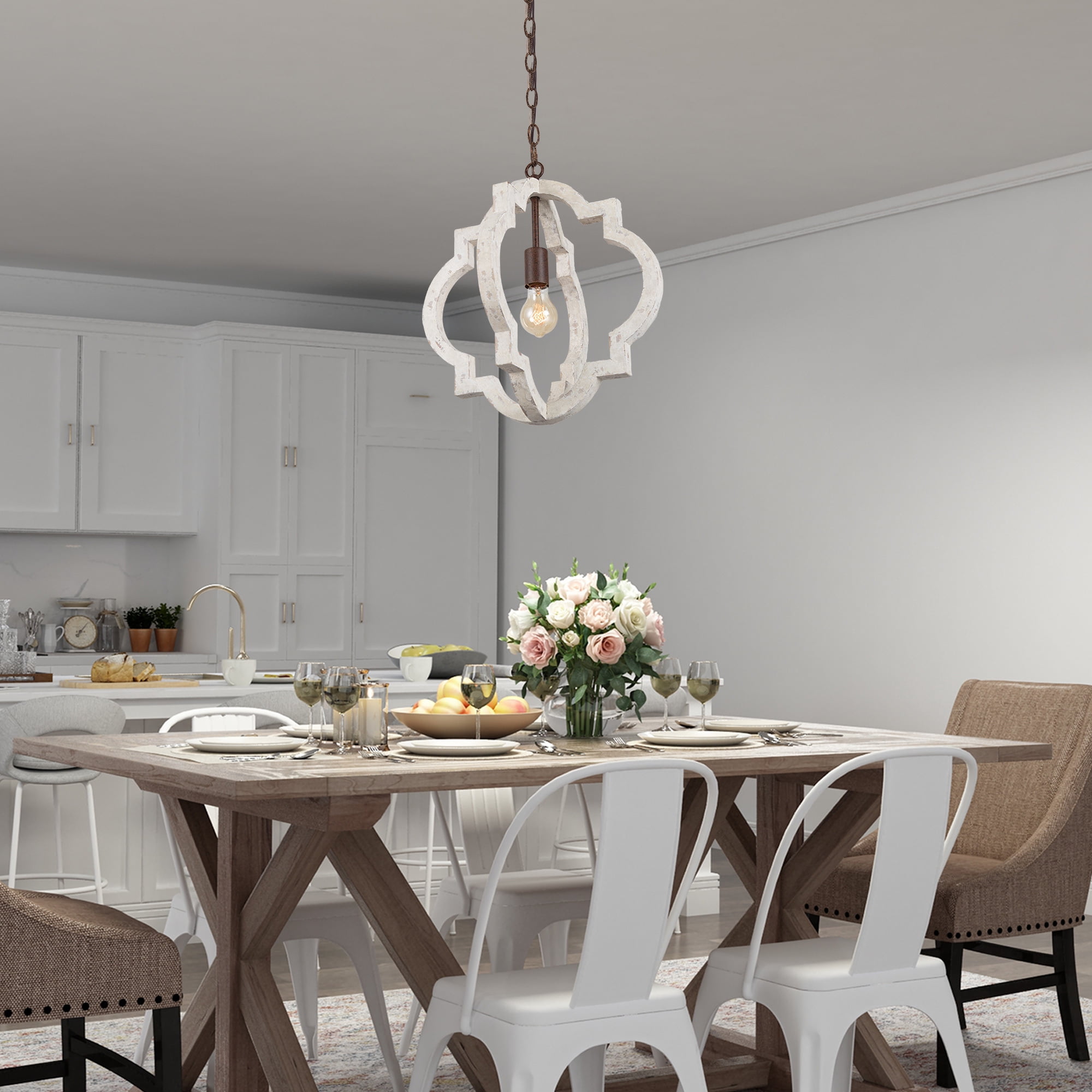 LNC 1-Light Farmhouse Wood Chandelier Pendant Light with Antique White Finish for Dining Room