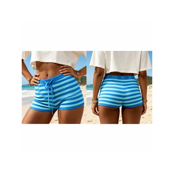 LMLYSoH Women's Stripe Knit Lounge Shorts Slim Fit Summer Bottoms Adjustable Drawstring Elastic Waist Casual Short Pants