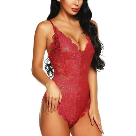 

OVTICZA Women s Deep V Neck Snap Crotch One Piece Lingerie Sexy Snap Crotch Sleepwear Bodysuit Teddy Lace Babydoll Red L
